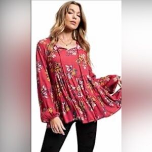 Easel Red Tiered Floral Long Sleeved Blouse.  Sz S